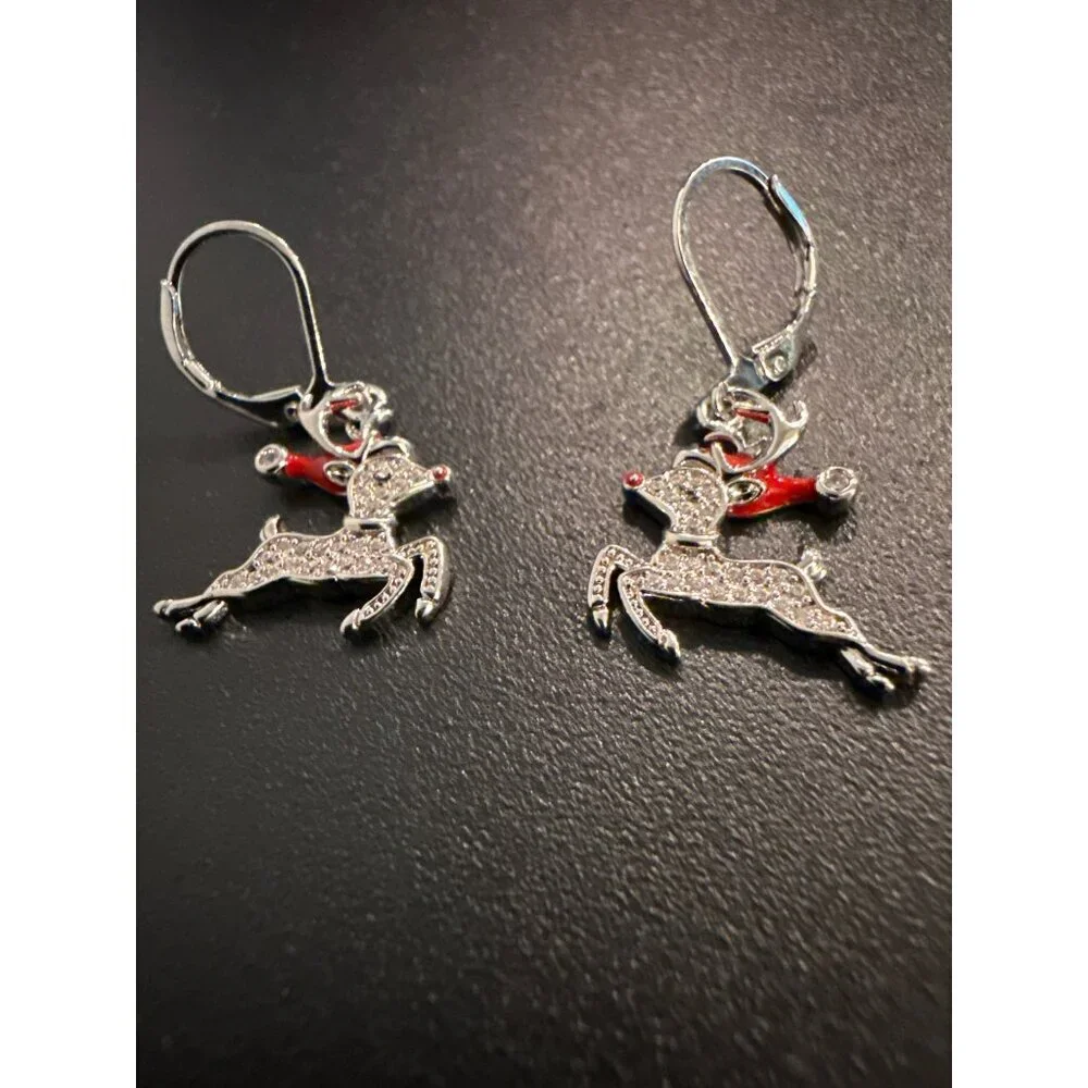 Rhinestone Reindeer Dangle Earrings Festive Leverback Holiday Jewelry